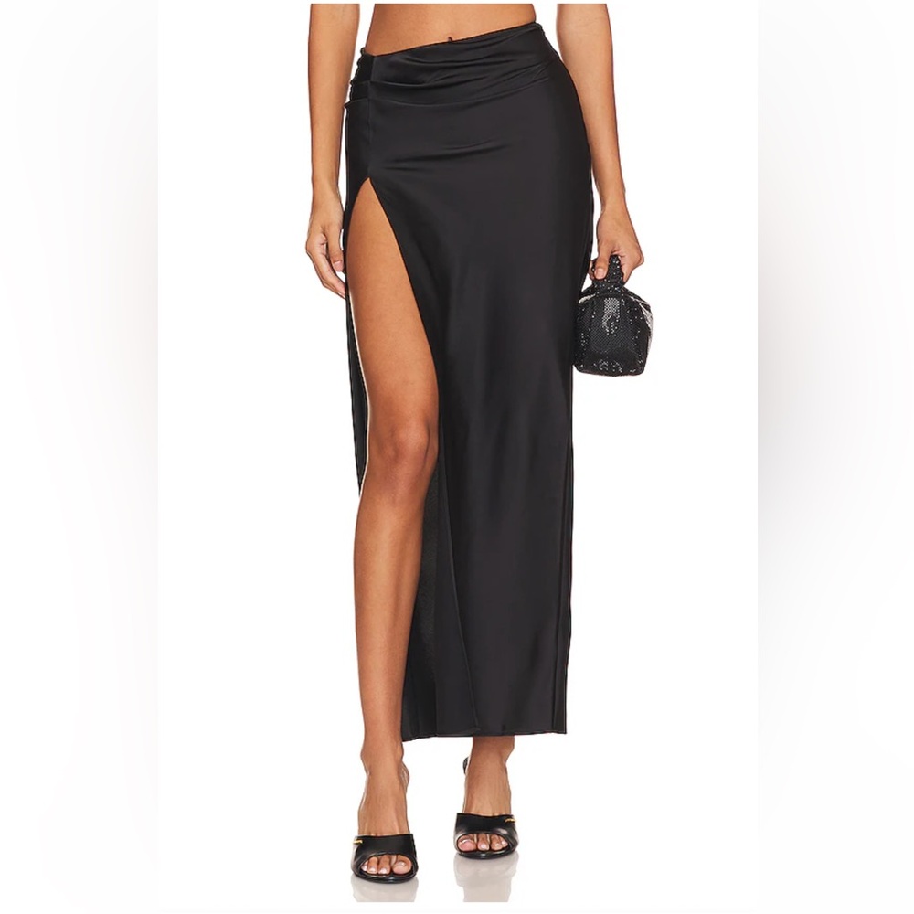 Lioness Mariah Maxi Skirt Onyx Black High Slit satin Revolve NWT S